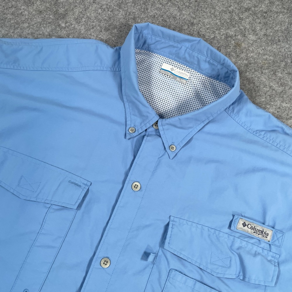 Columbia Mens PFG Fishing Shirt XXL Blue Short Sleeve Vented Bahama II Button Up